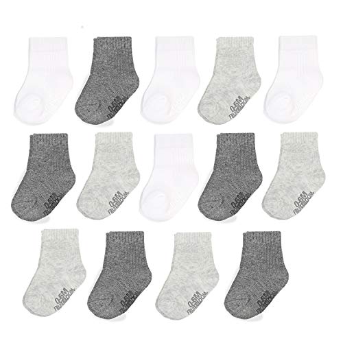 Fruit of the Loom Baby 14-Pack Grow & Fit Flex Zones Cotton Stretch Socks - Unisex, Girls, Boys (6-12 Months, Grey)