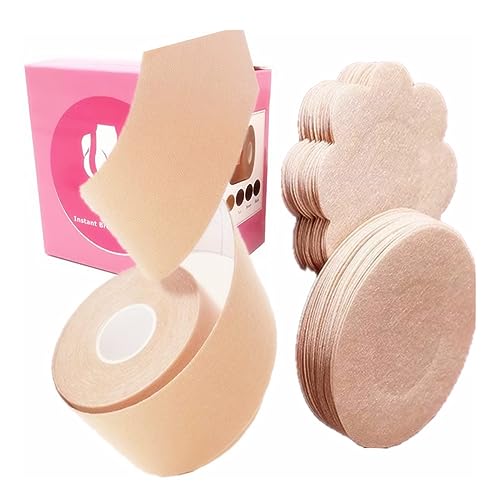 Boobs Tape - Breast Lift Tape 2' x 16' and 10 Pair Disposable Round Nipple Cover, Push up Boobs A to DD Cup Adhesive Bra … Beige