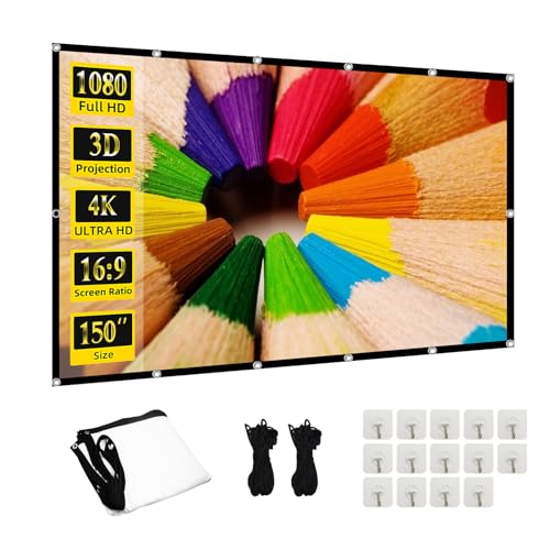 Projector Screen TOWOND 150 inch Projection Screen Indoor Outdoor Washable Anti-Crease 16:9 HD Rear Front Movies Screen for Home Theater Office