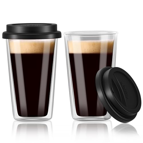 Double Walled Glass Coffee Mugs with Silicone Lids,12 OZ 2 Packs Insulated Drinking Coffee Cups with Lids, Dishwasher Safe Reusable Glass Iced Travel Coffee Cups for Morning Coffee, Hot or Cold Drink