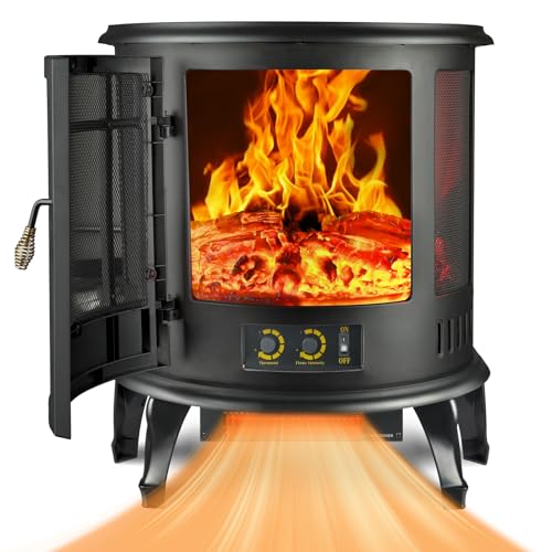 Electric Fireplace Heater, LifePlus 25 Inch Freestanding Fireplace Stove Heater with Realistic Dancing Flame Effect, Thermostat, Overheating Protection, Curved Door for Indoor Use, 1500W