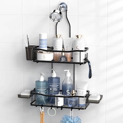 Aitatty Hanging Shower Caddy Bathroom Organizer: Rustproof Shower Shelf Racks Over Shower Head - No Drilling Inside Bath Shower Rack Shelves Over Showerhead for Shampoo with Soap Holder Black