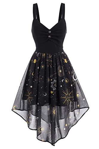 FEAPHY Women's Vintage Chiffon Sun Moon Star Sleeveless A-Line High Low Dress (0-Galaxy-Black, S)
