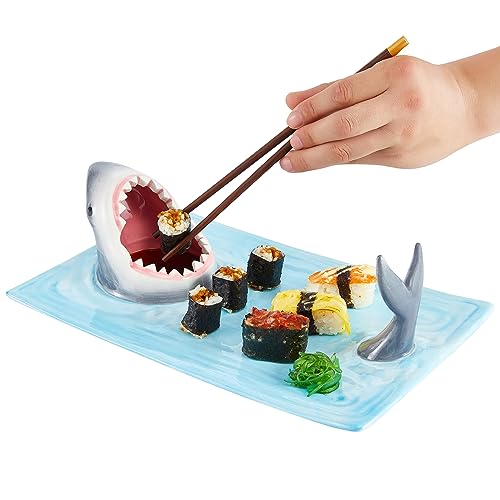 EXLIPO Shark Ceramic Sushi Plate Creative Shark Shaped Serving Platter Hand-Painted Food Serving Tray with Soy Sauce Bowl and Chopstick Holder Microwave/Oven/Dishwasher Safe Sushi Dishes
