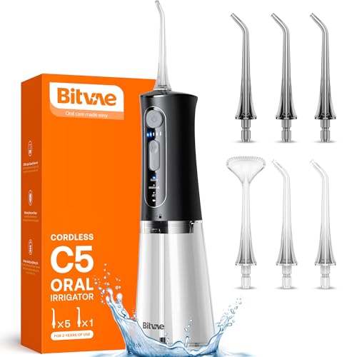 Bitvae C5 Water Dental Flosser for Teeth, Cordless Water Teeth Cleaner Picks, 3 Modes 5 Intensities, IPX7 Waterproof Water Flosser, 6 Tips Rechargeable Water Dental Picks for Cleaning - Black