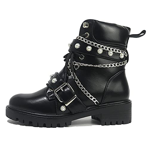 MeiLuSi Lace up Military Combat Boots for Women Fashion Chain Studded Motorcycle Ankle Booties
