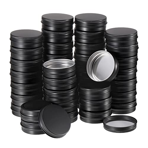 Therwen 96 Pcs 2 oz Aluminum Tin Jars Containers Metal Leak Proof Cosmetic Tin Jars Containers Round Screw Lids Lip Balm Containers Black Tin Can Empty Refillable Cosmetic Jars DIY Tins Storage