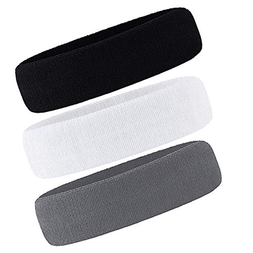 Men & Women Sweatband Headband Terry Cloth Moisture Wicking for Sports,Tennis,Gym,Work Out (White,Black,Gray) One Size