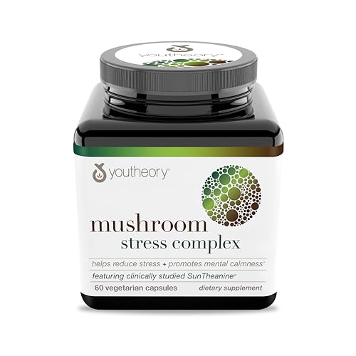 Youtheory Mushroom Stress Complex, Organic Full-Spectrum Mushrrom with L-Theanine, Help Reduce Stress and Promotes Mental Calmness, 60 Vegetarian Capsules