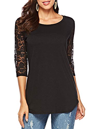 koitmy Women's 3/4 Lace Sleeve Round Neck T-Shirt Casual Blouses Tunics Tops