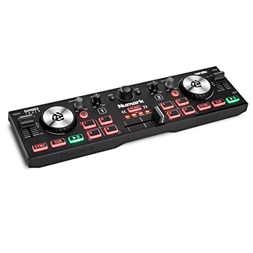 Numark DJ2GO2 Touch – Compact 2 Deck USB DJ Controller For Serato DJ with a Mixer / Crossfader, Audio Interface and Touch Capacitive Jog Wheels,Black