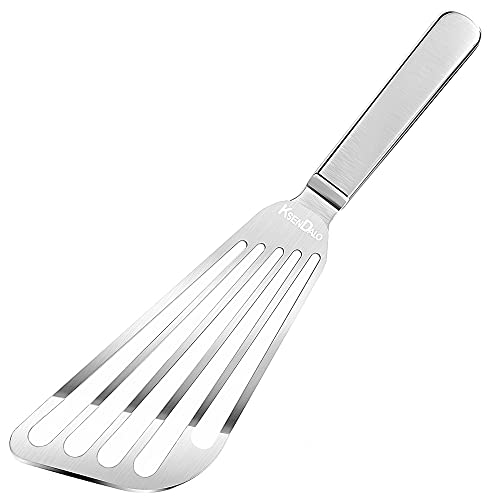 KSENDALO Stainless Steel Fish Spatula, Versatile Metal Cooking and Egg Turner, Slotted Offset Pancake and Grill Spatula, Thin Fish Flipper and Cookware, Silver