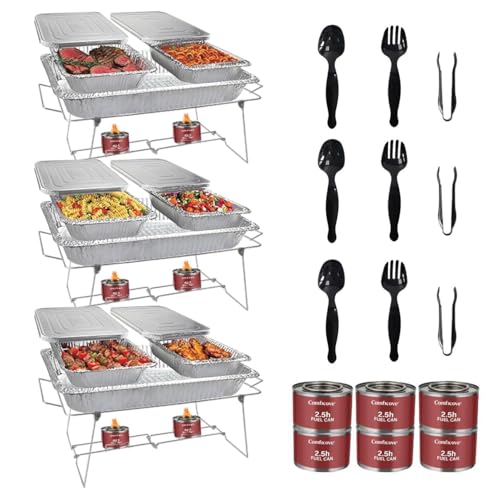 Disposable Chafing Dish Buffet Set, 33 Piece of Chafing Servers with Food Warmers, Covers, Half-Size Food Pans, Water Trays, Serving Utensils, Foil Lids and 2.5H Fuel Cans for Parties, Catering