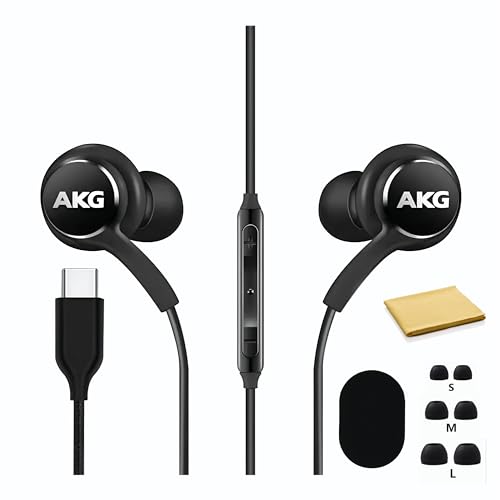 SAMSUNG Earbuds Stereo USB C Headphones for Galaxy S23 Ultra, Galaxy S22, S21, S20 & Note 10+, S10 - Designed by AKG Headphones with Mic and Volume Remote Control - Black - W/Carrying Pouch