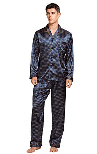 TONY & CANDICE Men's Classic Satin Pajama Set Sleepwear (Blue/Golden, Large)