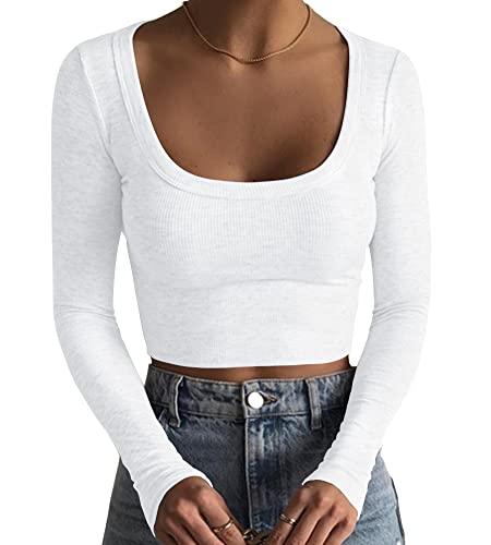 Artfish Women's Square Neck Long Sleeve Ribbed Slim Fitted Casual Basic Crop Top (White, S)