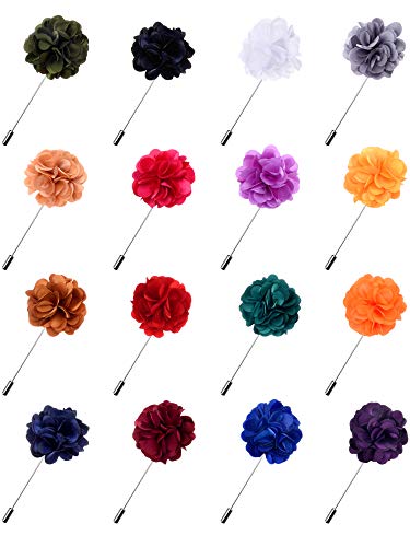 Panfanrel 16 Pieces Flower Men's Lapel Pins Handmade Satin Boutonniere Pin for Suit Wedding Groom with a Box(Multicolor 2)
