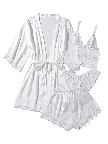 WDIRARA Women' Silk Satin Pajamas Set 4pcs Lingerie Floral Lace Cami Sleepwear with Robe Snow White S