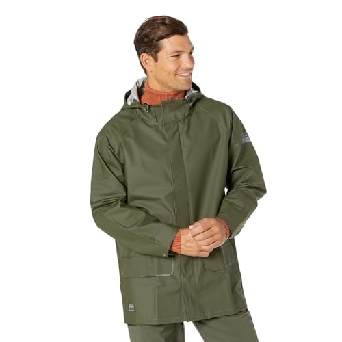 Helly-Hansen Workwear Mandal Adjustable Waterproof Jackets for Men - Heavy Duty Comfortable PVC-Coated Protective Rain Coat, Army Green - L
