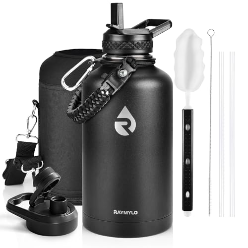 RAYMYLO Insulated Water Bottle 64 oz, Triple Wall Vacuum Stainless Steel (Cold for 48 Hrs), Leak Proof & Non-BPA, Half Gallon Water Flask Jug with Paracord Handle & Straw Spout Lids, Magic Black