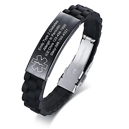 VNOX Medical Alert Bracelets for Men & Women with Free Engraving Adjustable Silicone Rubber Emergency Medical ID Bracelets Wristband