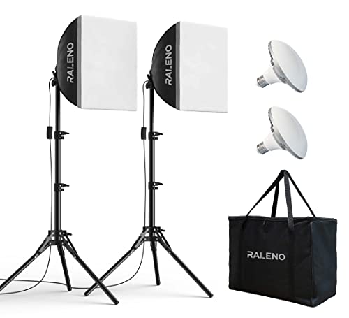 RALENO Softbox Lighting Kit, 2 x 16'' x 16'' Photography Studio Equipments with 50W / 5500K / 90 CRI LED Bulbs, Continuous Lighting System for Video Recording and Photography Shooting