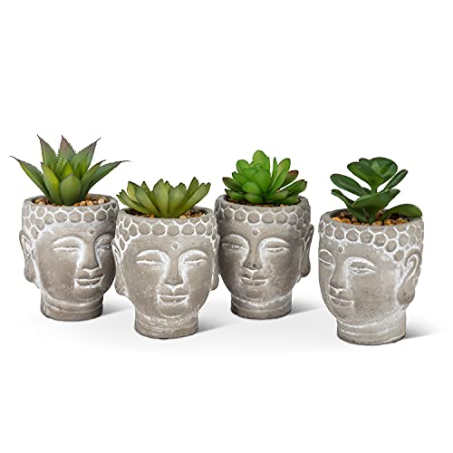 Abbott Collection 27-MOJAVE-20 Succulents in Buddha Head Pot. Set of 4, Green/Grey