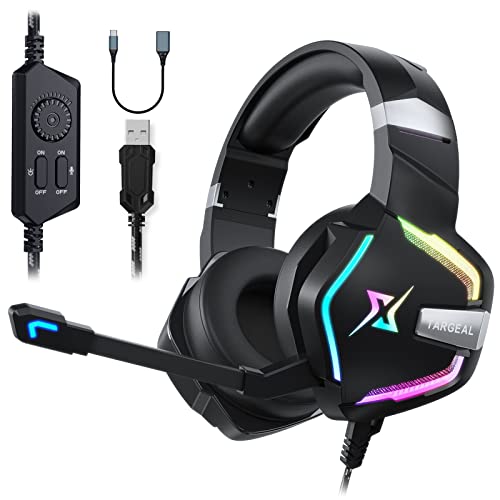 targeal 7.1 Surround Sound PC Gaming Headset for PS5 PS4 Switch Laptop Mac Tablet Mobile, Over Ear Wired USB Gaming Headphone with Omni-Directional Noise Canceling Mic, RGB LED, with Type C Cable