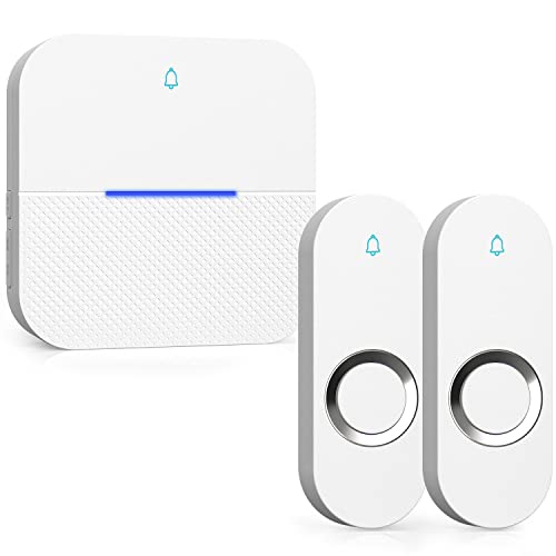AIDA Lighted Wireless Doorbell, Home Waterproof Doorbell 1,000ft Range, 5 Volume Levels with 58 Doorbell Chimes & LED Flash (White, Doorbell with 2 Buttons & 1 Receiver)