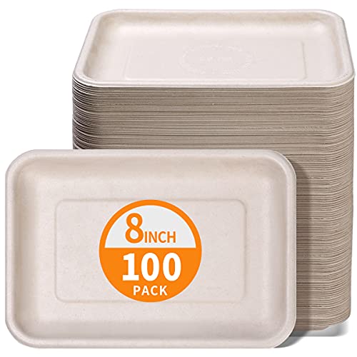 Celel 100 Pack 8 Inch Rectangle Paper Plates Heavy Duty, Bend-Resist Compostable 8 inch Disposable Trays for Taco, Burrito, Meat, Hot Dog