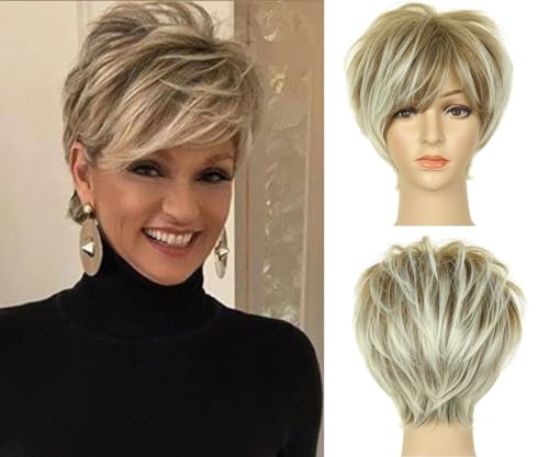 QUEENTAS Pixie Short Blonde Wig with Bangs Pixie Cut Wig Blonde with Dark Roots Synthetic Hair Wigs for White Women (Ombre Brown Blonde)