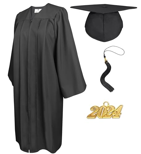 GradPlaza Matte Graduation Gown and Cap Tassel 2024 Year Set for Middle High School College Adult Black Graduation Robe Size 48