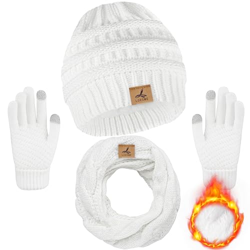 Winter Beanie Hat Scarf Gloves, Warm Fleece Knit Winter Hats Touch Screen Gloves Neck Scarf Set Winter Gifts for Women Men