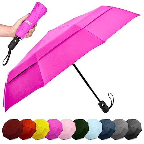 Windproof Travel Umbrellas for Rain - Lightweight, Strong, Compact with & Easy Auto Open/Close Button for Single Hand Use - Double Vented Canopy for Men & Women - Pink