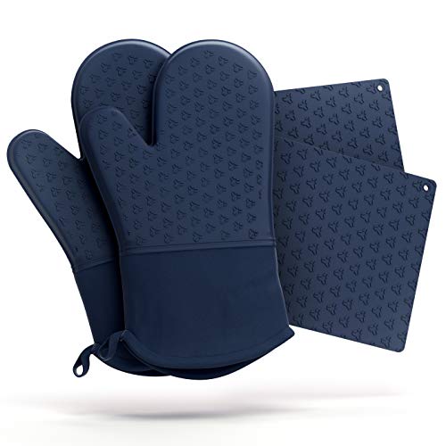 Cosy House Collection 4-Piece Oven Mitt & Pot Holder Set - 500°F Heat Resistant Trivet Cooking Gloves - Flexible, Durable & Comfortable Long-Lasting Silicone - Cooking, Baking & Grilling (Navy Blue)