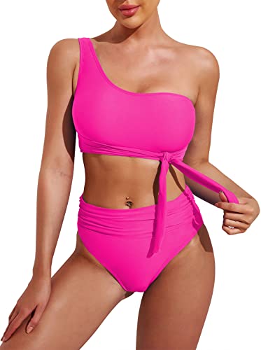 Pink Queen Women's High Waisted Swimsuit 2 Piece One Shoulder Bikini Bathing Suit Swimwear Hot Pink M