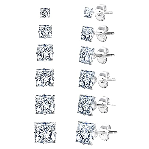 UHIBROS Stainless Steel Stud Earrings Set for Men, 18K White Gold Plated Square Cubic Zirconia Studs Hypoallergenic Mens Earrings Pack 6 Pairs, Gifts for Men Women