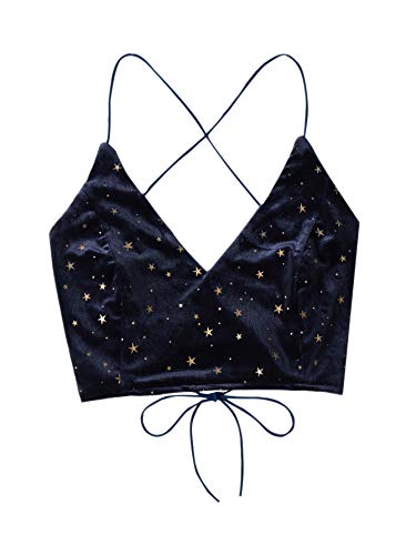 Verdusa Women's Velvet Galaxy Print Crisscross Back Spaghetti Strap Crop Cami Top Navy S