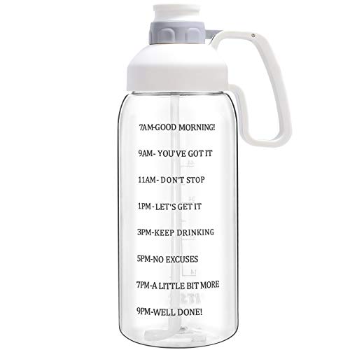 Water Bottle with Straw 64 oz Water Bottle with Time Marker & Motivational Quote to Keep All-day Track, White Large Water Bottle with Wide Mouth for Fruit Infused, Big Water Bottles with Big Handle