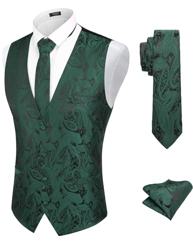 COOFANDY 3PCS Mens Suit Vests Tie Set Single Breasted V-Neck Tuxedo Waistcoat with Pockets, Dark Green, M