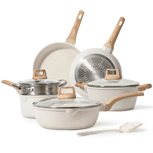 CAROTE Pots and Pans Set Nonstick, White Granite Induction Kitchen Cookware Set, 10 Pcs Non Stick Cooking Set w/Frying Pans & Saucepans(PFOS, PFOA Free)