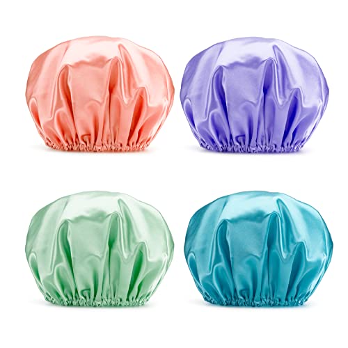 AmazerBath Shower Caps for Women Reusable Waterproof, 4 Pack Women Shower Caps Reusable EVA Hair Cap for Shower Double Protection Layers Elastic, Medium Size