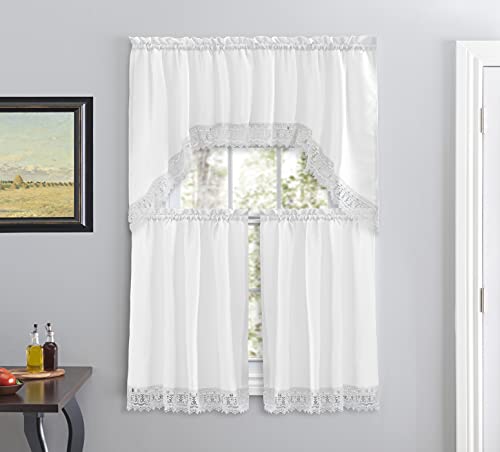 American Linen Café Curtains for Kitchen, Bathroom Curtains with Valance, Embroidered lace Border. (White)