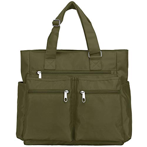 Canvas Tote Bag Waterproof Nylon Multi Pocket Shoulder Bags Laptop Work Bag Teacher Purse and Handbags for Women & Men (Army Green)