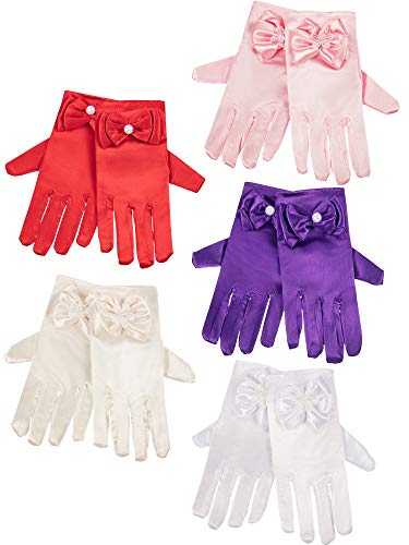 Zhanmai 5 Pairs Little Girls Gloves Tea Party Dress Gloves Silky Satin Wrist Length Bows Fancy Formal Gloves for Age over 3 Years Kids Toddlers Party Costume Decoration, 5 Colors