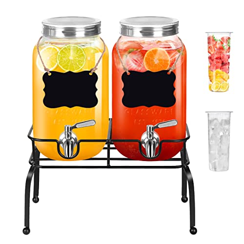 Drink Dispenser with Stand- Set of 2, 1 Gallon Glass Beverage Dispenser with Stainless Steel Spigot & Lid plus Ice Cylinder and Fruit Infuser, Drink Dispensers for Parties