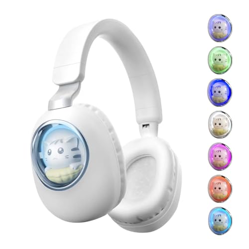 YUSONIC Wireless Headphones with led Lights， Kids Headphones for Girls Bluetooth Light up Over Ear with Microphone and sd Card for School/Travel/Phone/Kindle/pc/tv / MP3. (White)