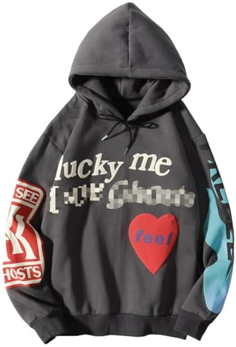 WINKEEY Unisex Lucky Me Ghosts Sweatshirt Rapper Long Sleeve Hip Pop Hooded Hoodie for Women (XXL,1Grey)