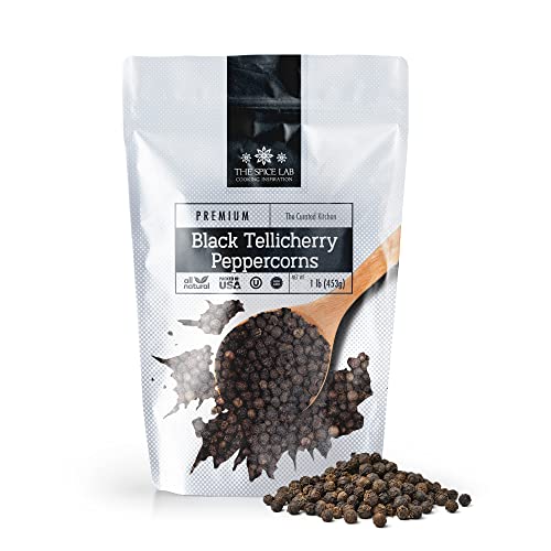 The Spice Lab - Black Tellicherry Peppercorns for Grinder Packed in the USA - Steam Sterilized Kosher Non-GMO All Natural Black Pepper 5015 (1 lb Resealable Bag)