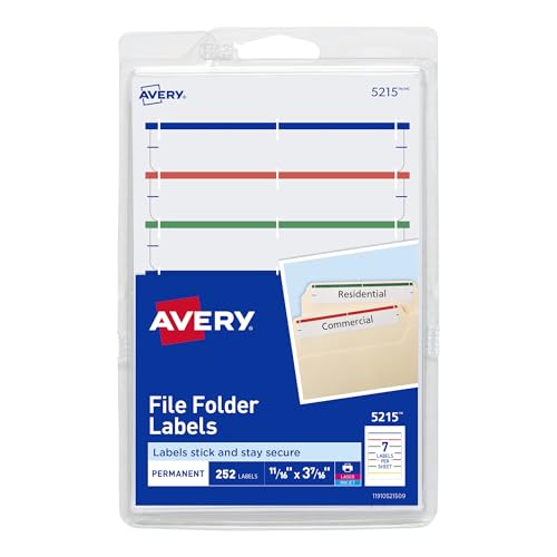 Avery File Folder Labels on 4' x 6' Sheets, Easy Peel, Assorted, Print & Handwrite, 2/3' x 3-7/16', 252 Labels (5215)